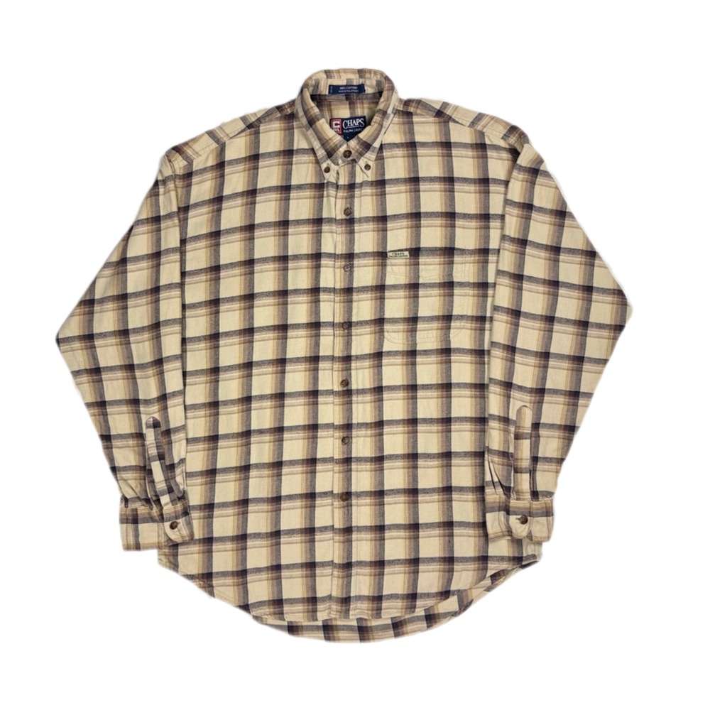 Vtg 90s Chaps Ralph Lauren cream brown plaid button down flannel shirt men large